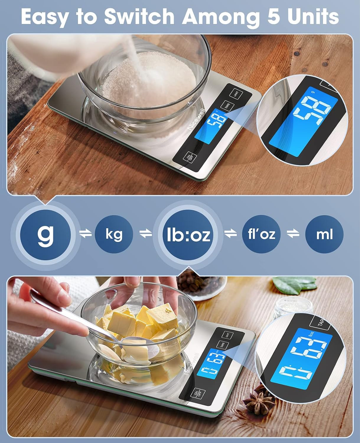 Food Scale, 22Lb Digital Kitchen Scale Weight Grams and Oz for Cooking Baking, 1G/0.1Oz Precise Graduation, Stainless Steel and Tempered Glass