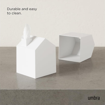 Casa Tissue Box Cover - Adorable House Shaped Square Tissue Box Holder for Bathroom, Bedroom or Office, White