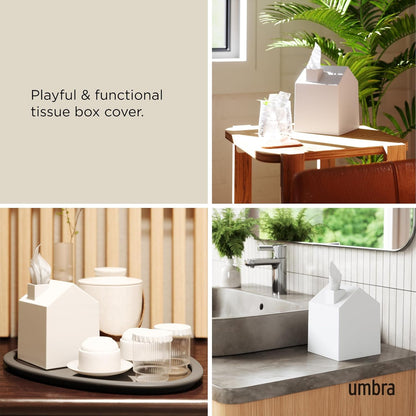 Casa Tissue Box Cover - Adorable House Shaped Square Tissue Box Holder for Bathroom, Bedroom or Office, White