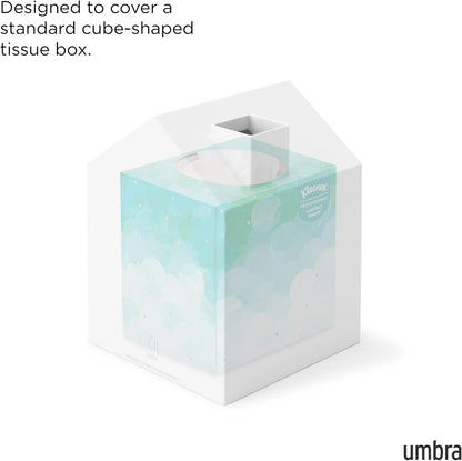 Casa Tissue Box Cover - Adorable House Shaped Square Tissue Box Holder for Bathroom, Bedroom or Office, White