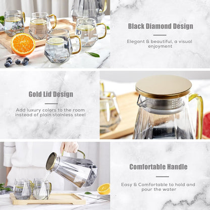 Black Diamond Glass Pitcher with Lid [68 Oz], Elegant Design Water Pitcher with Handle, Decoration for Room, High Durability Water Glass Carafe for Ice Tea Maker, Beverage, Hot/Cold Coffee