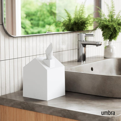 Casa Tissue Box Cover - Adorable House Shaped Square Tissue Box Holder for Bathroom, Bedroom or Office, White