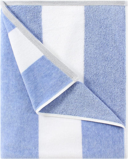 Fluffy Oversized Beach Towel - Plush Thick Large 70 X 35 Inch Cotton Pool Towel, Blue Striped Quick Dry Swimming Cabana Towel